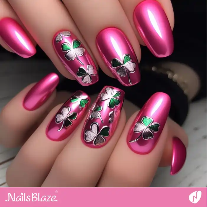Hot Pink Chrome Nails with Clover Design | Nature-inspired Nails - NB1590